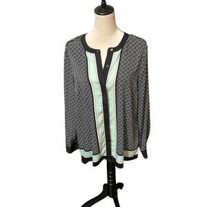 Dana Buchman 12 or L Top Geometric Print Button Up Shirt Blouse Collar Long Slv